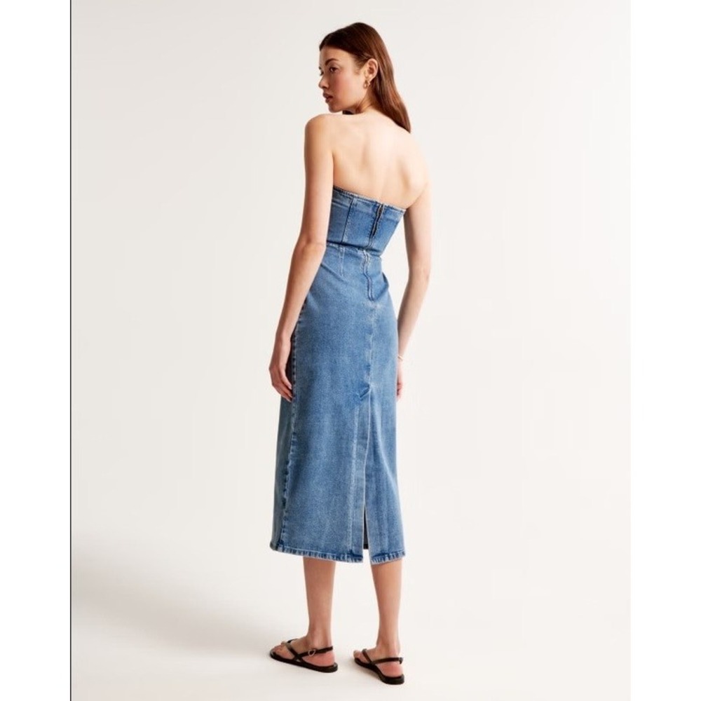 Abercrombie & Fitch Strapless Denim Midi Dress Large Stretch Bodycon Corset NWT - Picture 2 of 13